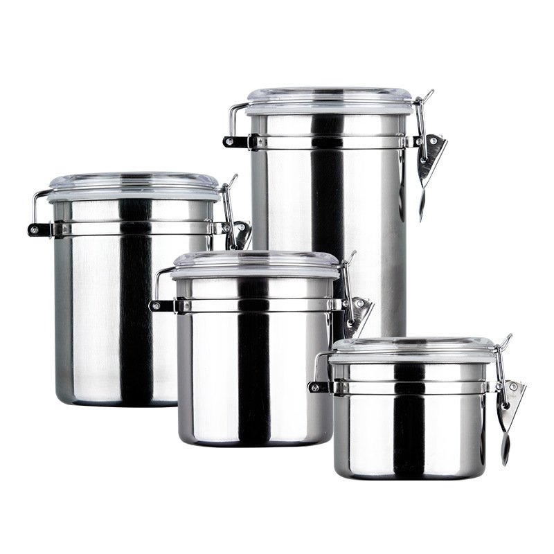 Stainless Steel Kitchen Food Storage Container with Clear Lid and Locking Clamp Airtight Sugar Tea Coffee Beans Canister