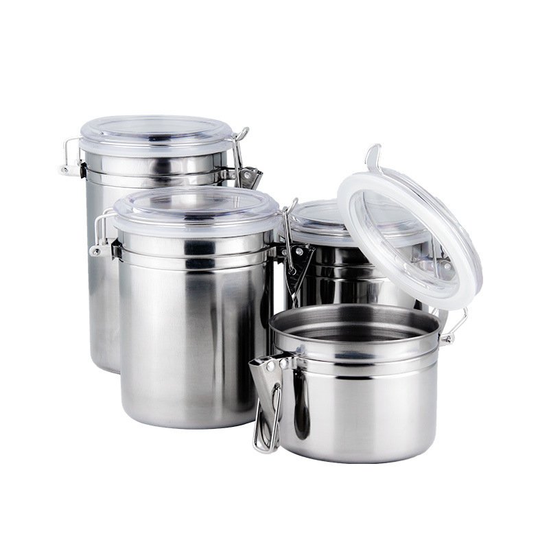 Stainless Steel Kitchen Food Storage Container with Clear Lid and Locking Clamp Airtight Sugar Tea Coffee Beans Canister