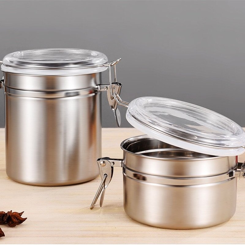 Stainless Steel Kitchen Food Storage Container with Clear Lid and Locking Clamp Airtight Sugar Tea Coffee Beans Canister