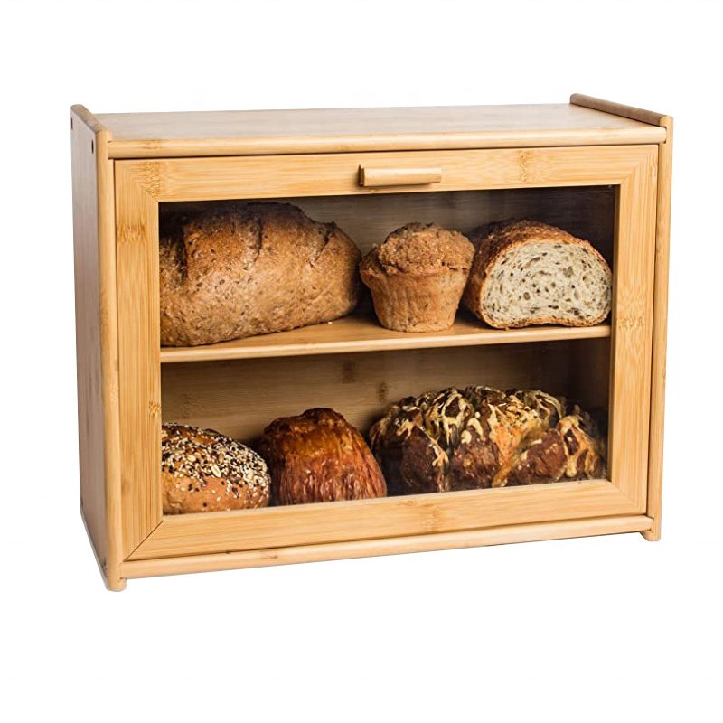 Wholesale High Quality Wood Bamboo Bread Boxes with Cutting Board Lid Easy-opening Food Storage Container