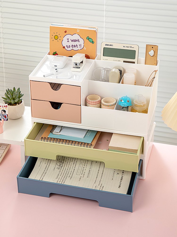 Desktop Large Capacity Stationery Storage Container with 2 Drawer Thick Material Storage Box