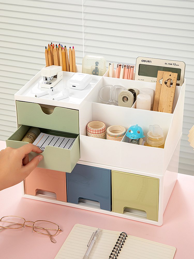 Desktop Large Capacity Stationery Storage Container with 2 Drawer Thick Material Storage Box