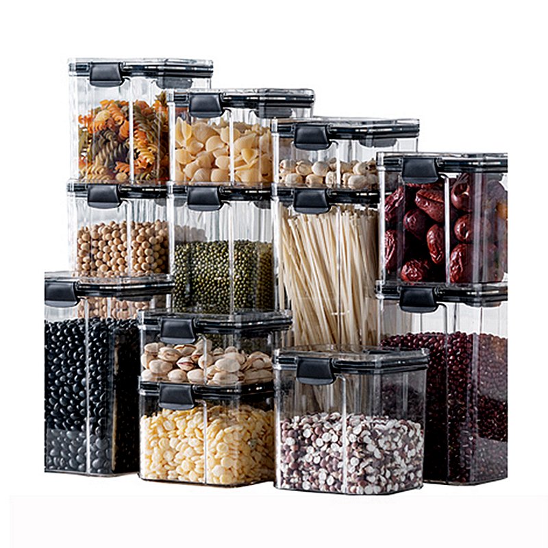 FTS stackable clear small grain jar reusable square box with lids airtight plastic for dry food storage containers