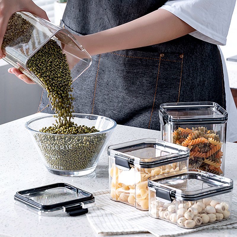 FTS stackable clear small grain jar reusable square box with lids airtight plastic for dry food storage containers