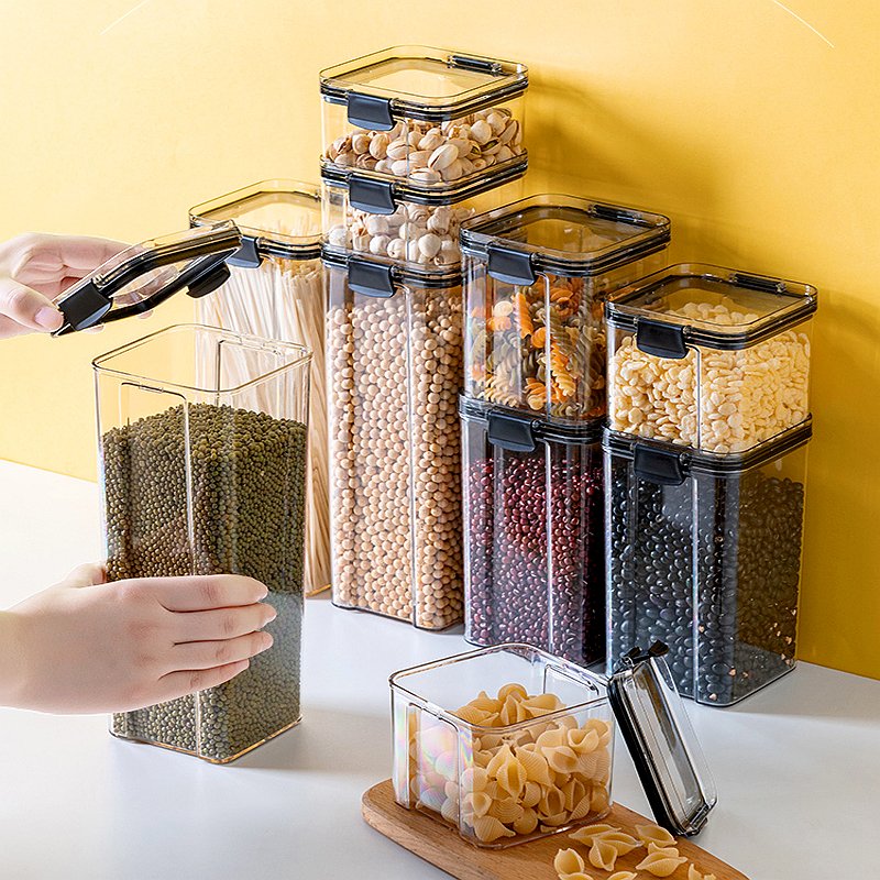 FTS stackable clear small grain jar reusable square box with lids airtight plastic for dry food storage containers