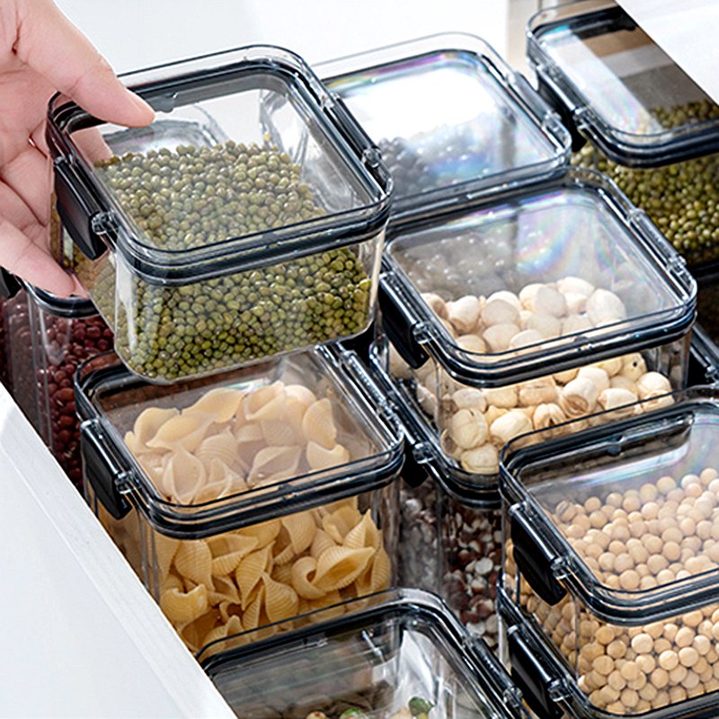 FTS stackable clear small grain jar reusable square box with lids airtight plastic for dry food storage containers