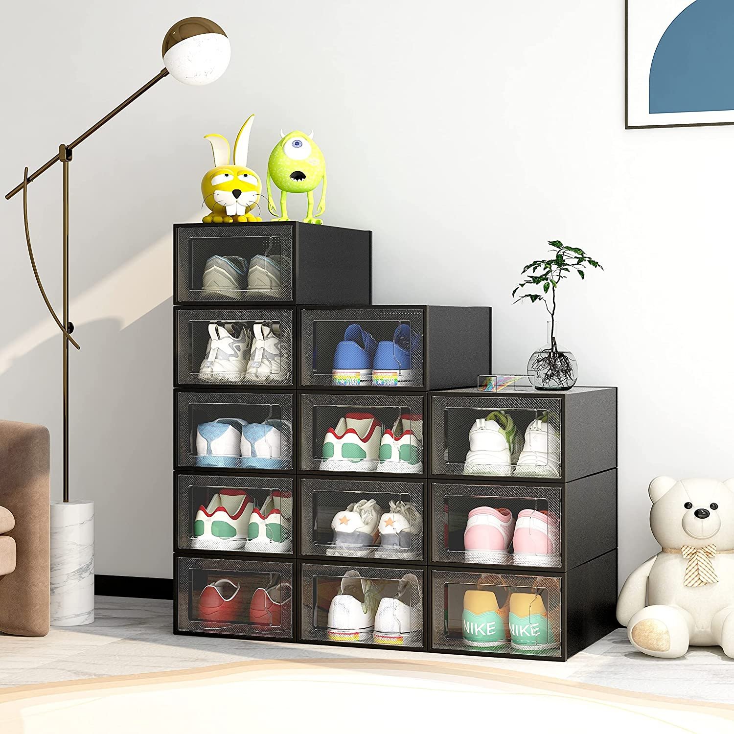 Large 12 Pack Shoe Storage Box, Black acrylic Stackable Shoe Organizer for Closet, Space Saving Foldable Sneaker Containers Bins