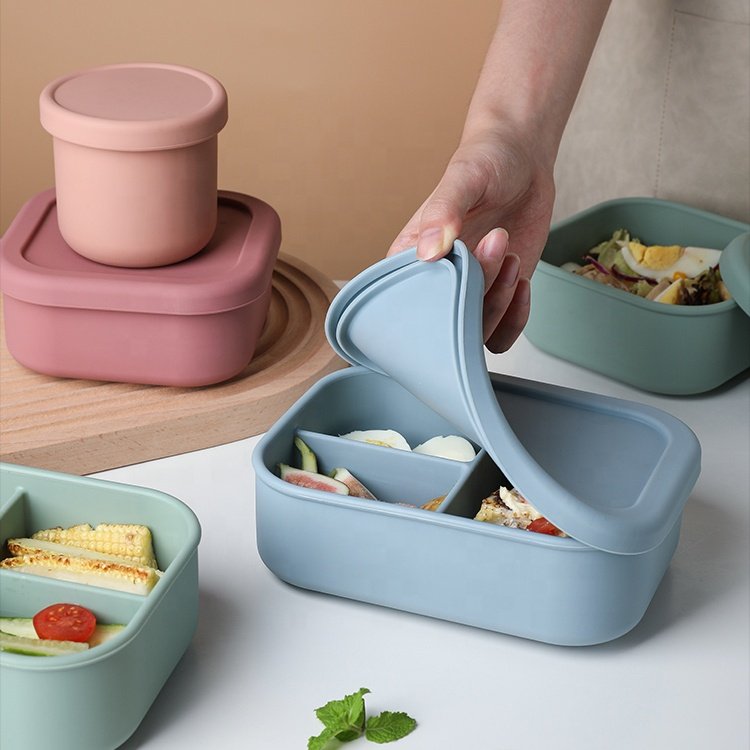 High-Capacity Three Grid Divide Food Grade Silicone Bento Lunch Box BPA Free Food Storage Box With Lid