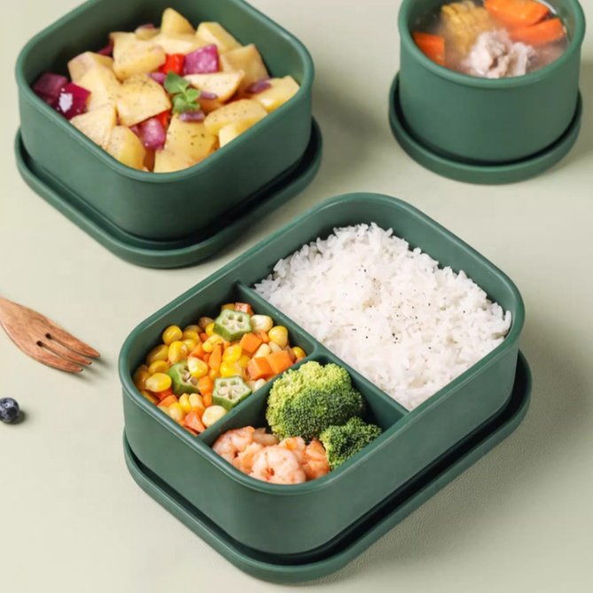 High-Capacity Three Grid Divide Food Grade Silicone Bento Lunch Box BPA Free Food Storage Box With Lid