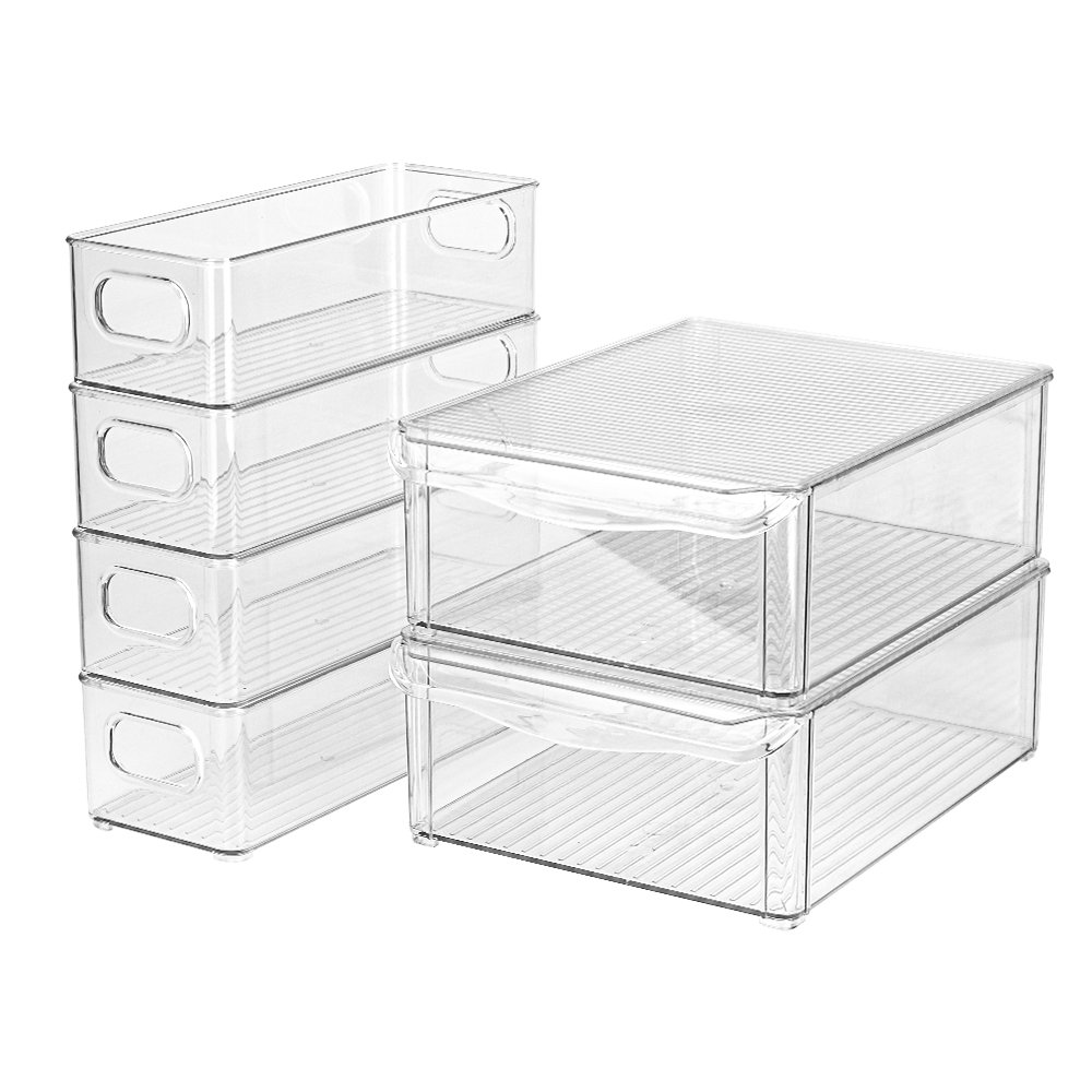 BPA-Free Plastic Pantry Storage Bins Set of 6 Fridge Food Container Stackable Refrigerator Organizer Bins with Lids for Food