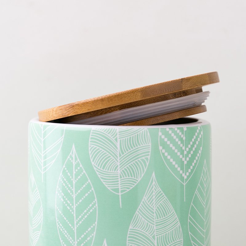 Minimalist Style Kitchen Food Storage Canister Ceramic Green Leaf Decal Print Jar With Bamboo Lid