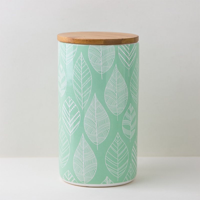 Minimalist Style Kitchen Food Storage Canister Ceramic Green Leaf Decal Print Jar With Bamboo Lid