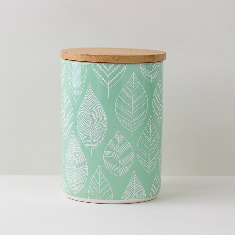 Minimalist Style Kitchen Food Storage Canister Ceramic Green Leaf Decal Print Jar With Bamboo Lid