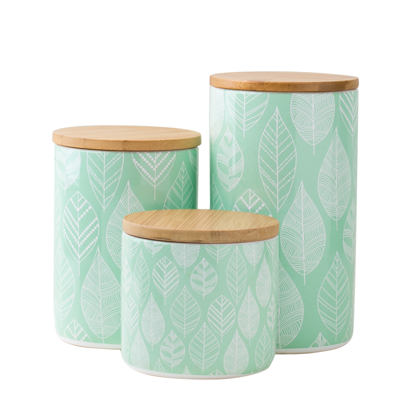 Minimalist Style Kitchen Food Storage Canister Ceramic Green Leaf Decal Print Jar With Bamboo Lid