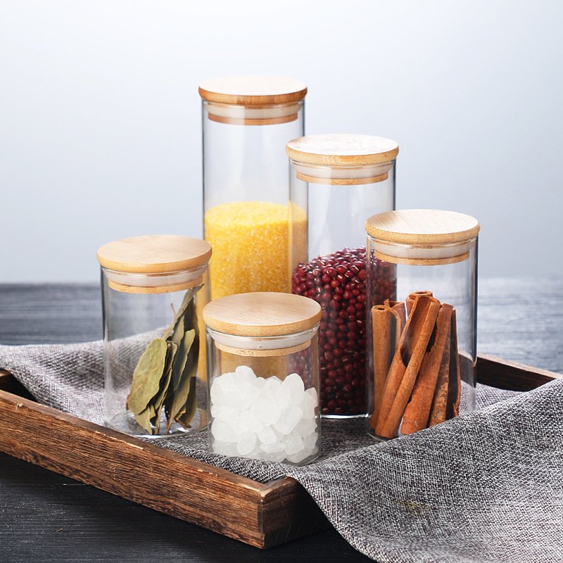 Customized wholesale Borosilicate Glass Food Storage Jars Glass Canisters Bamboo Container Bamboo Lid Glass Jars