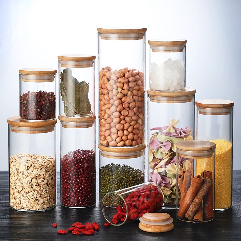 Customized wholesale Borosilicate Glass Food Storage Jars Glass Canisters Bamboo Container Bamboo Lid Glass Jars
