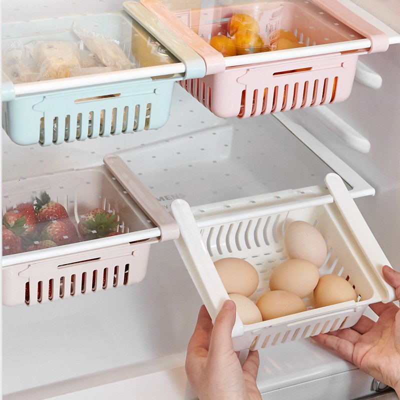 Plastic Retractable Kitchen Fruit Drink Vegetable Basket Rack Refrigerator Slide Basket Fresh Compartment Storage Box Foldable