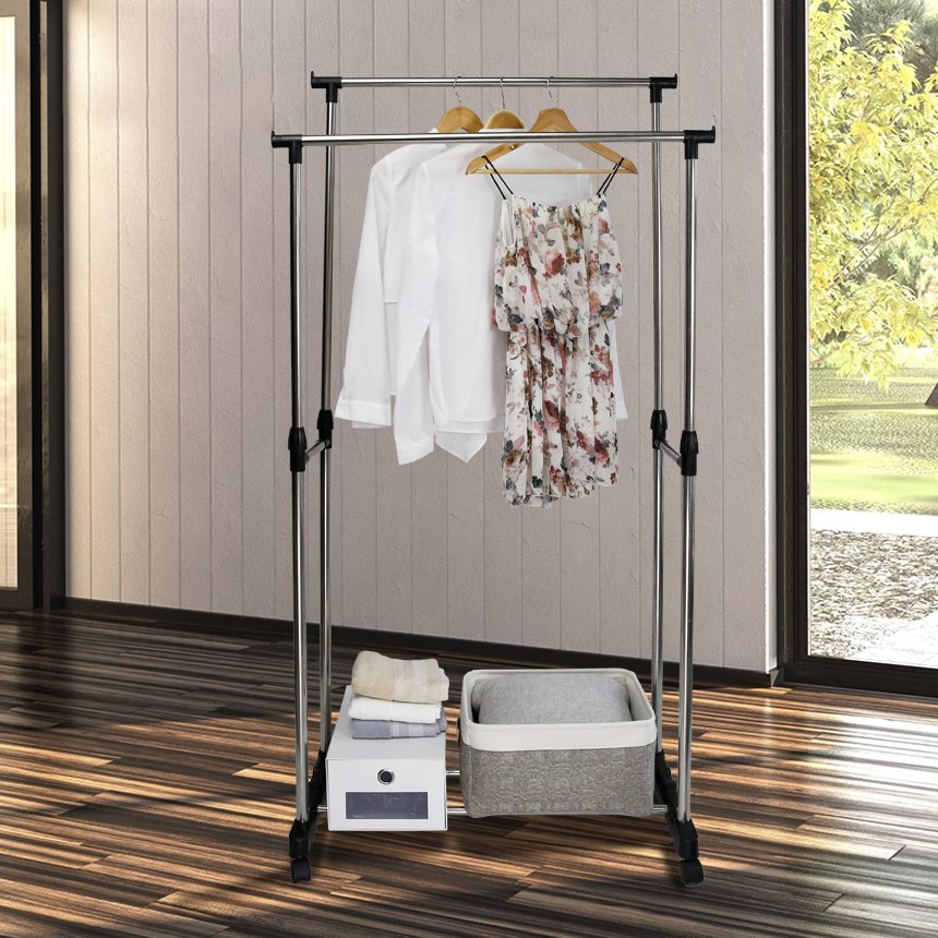 Adjustable Stainless Steel Double Rail clothes rack for hanging clothes