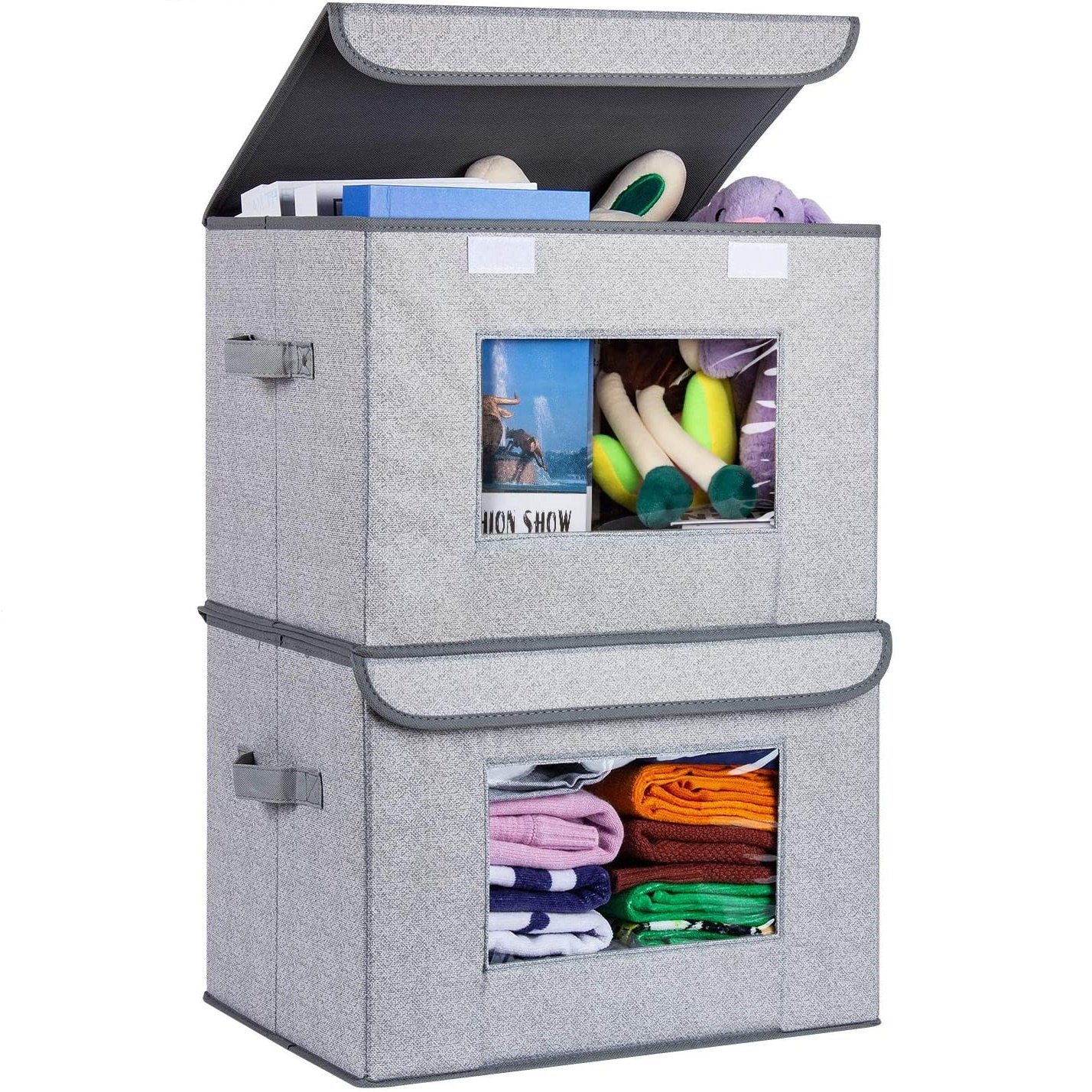 Clear Window Foldable Storage Box with Lid, Collapsible Storage Bin Organizer Basket with Sturdy Handles for Home, Closet