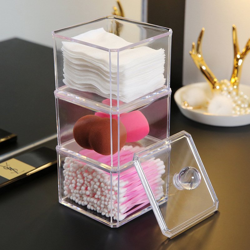 Acrylic 3 Tier Cosmetic Make Up Organizer Case Clear Dresser Bathroom Storage Box Cotton Pad Q-tip Container Holder