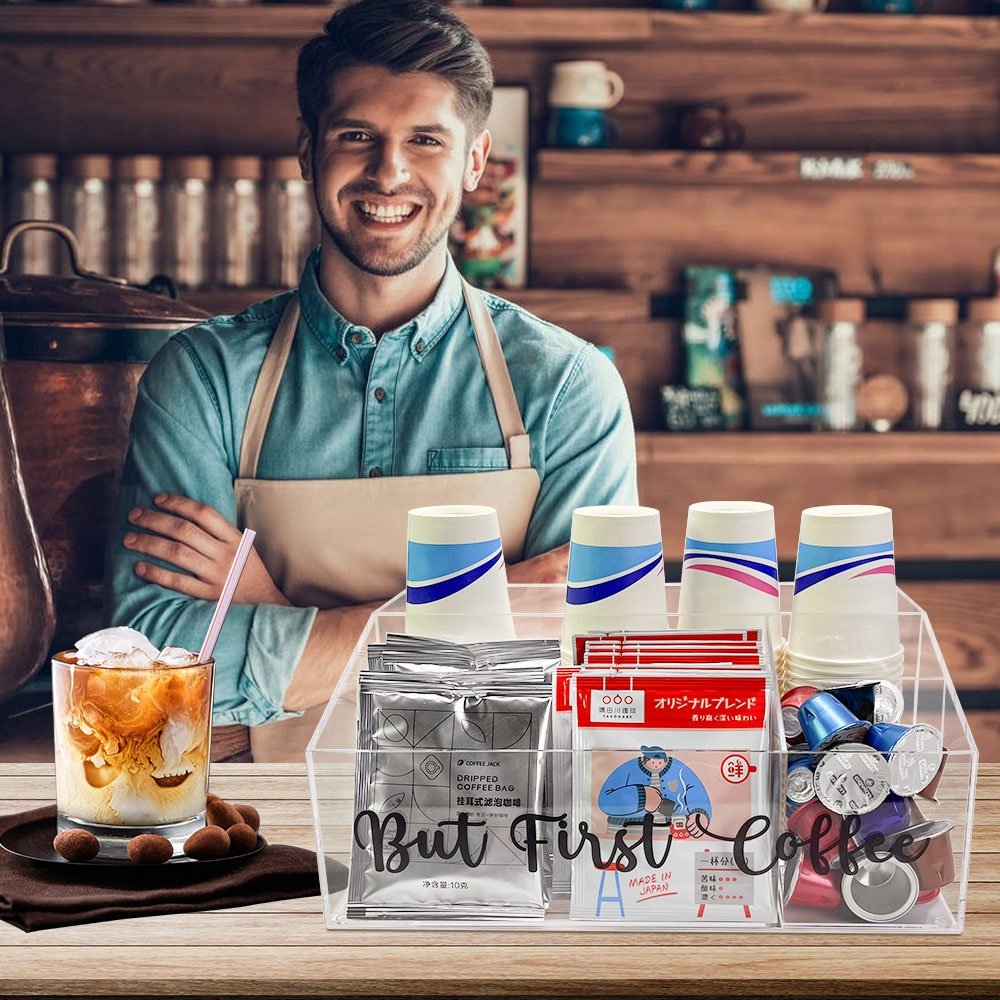 Custom Coffee Shop Supplies Dispenser Stand Rack Acrylic Coffee Pod Paper Cup Storage Box Holder Coffee Pod Organizer