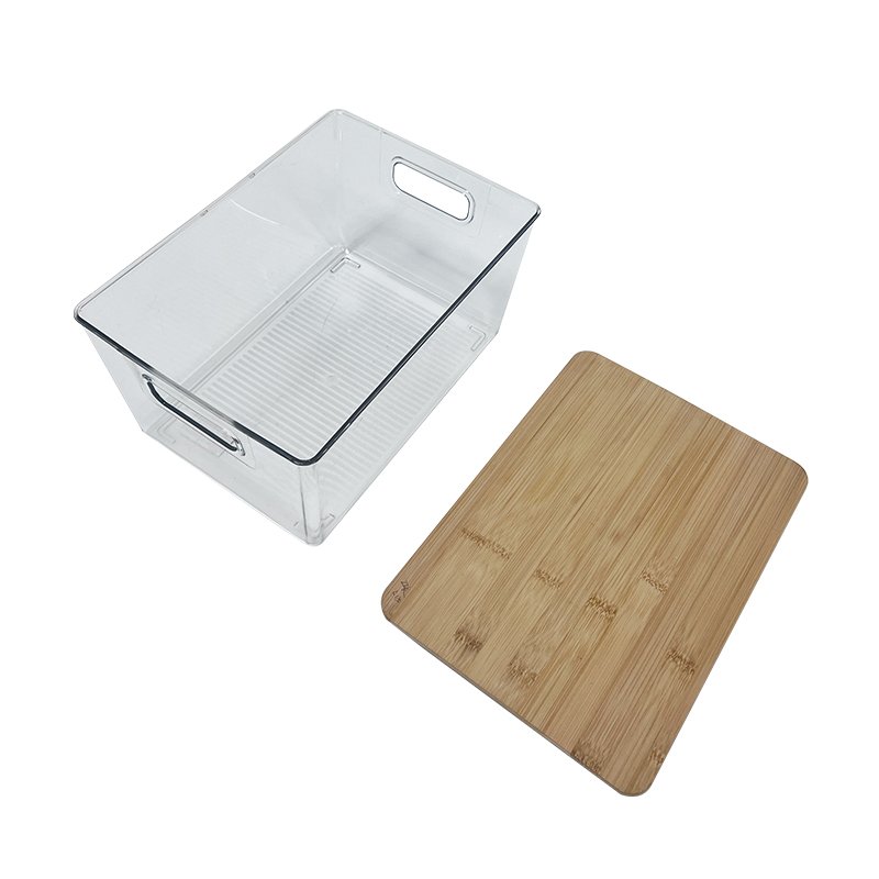 Stackable Plastic Household Pantry Cabinet Food Storage Box Clear PET Kitchen Fridge Organizer with Bamboo Lid