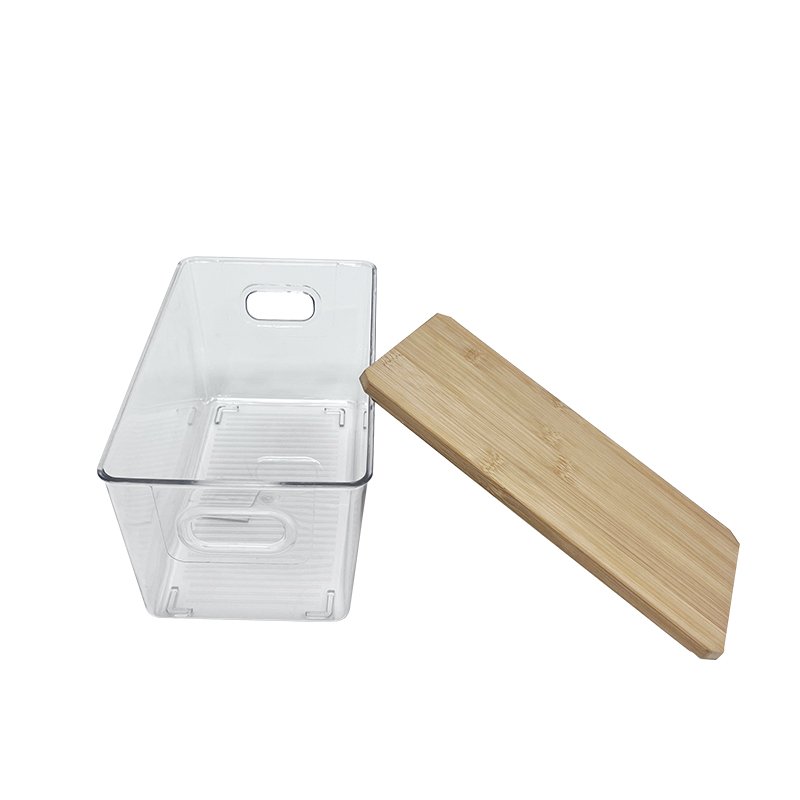 Stackable Plastic Household Pantry Cabinet Food Storage Box Clear PET Kitchen Fridge Organizer with Bamboo Lid