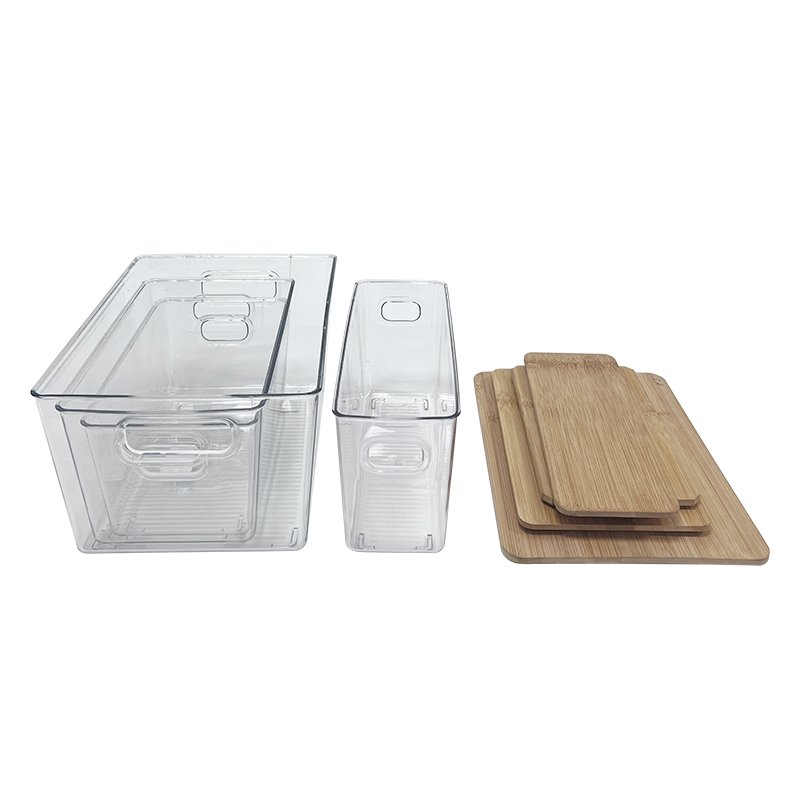 Stackable Plastic Household Pantry Cabinet Food Storage Box Clear PET Kitchen Fridge Organizer with Bamboo Lid