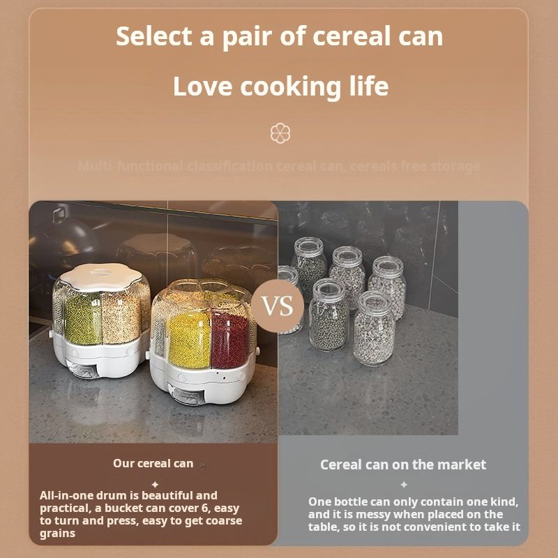 6 Compartment 360-Degree Grain Kitchen Food Storage Container Rotating Cereal Dry Food Dispenser