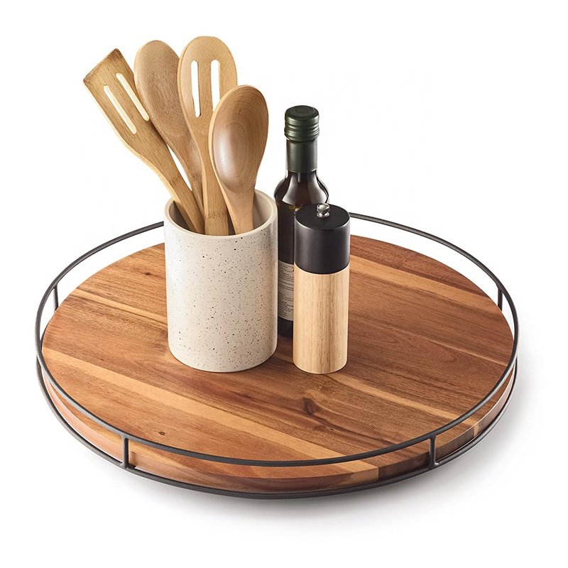 Acacia Wood Lazy Susan Organizer Round Food Storage Tray Kitchen Rotatable Storage Rack Desk Cabinet Rotating Tray