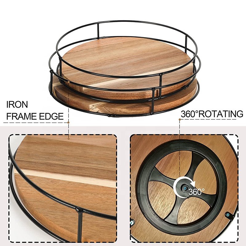 Acacia Wood Lazy Susan Organizer Round Food Storage Tray Kitchen Rotatable Storage Rack Desk Cabinet Rotating Tray