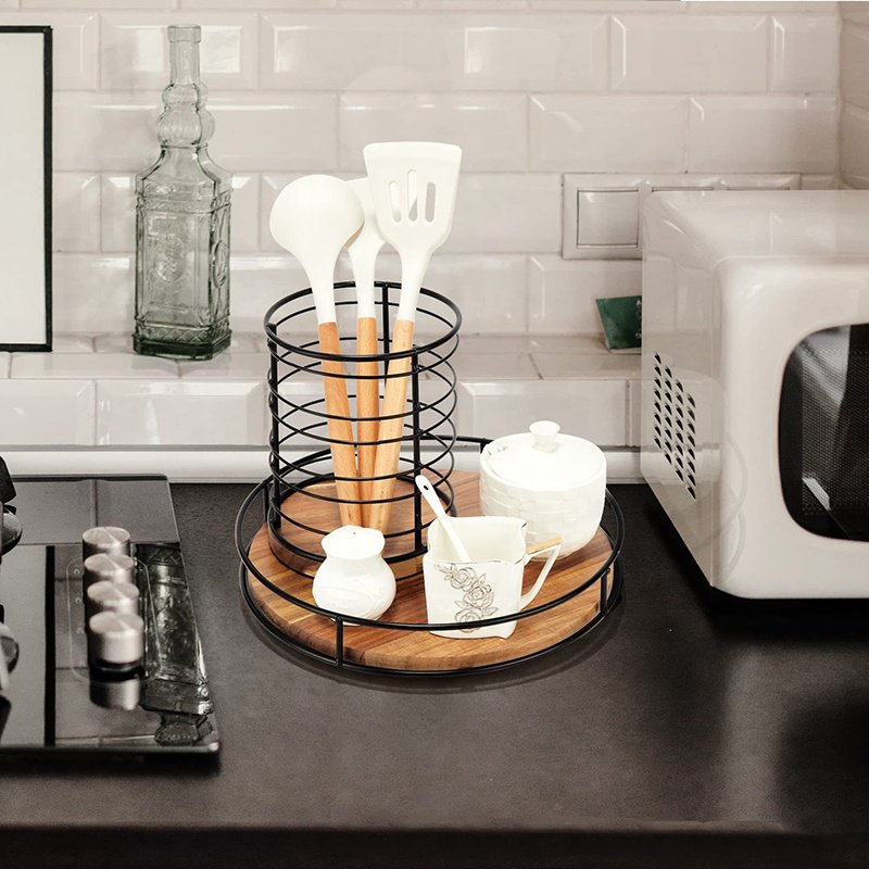 Acacia Wood Lazy Susan Organizer Round Food Storage Tray Kitchen Rotatable Storage Rack Desk Cabinet Rotating Tray