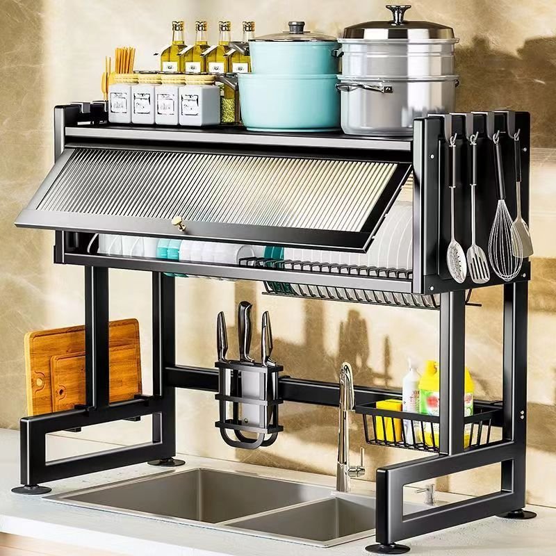 Metal Kitchen Sink Storage Bowl Cabinet Rack Countertop Dish Storage Cabinet Carbon Steel Kitchen Racks