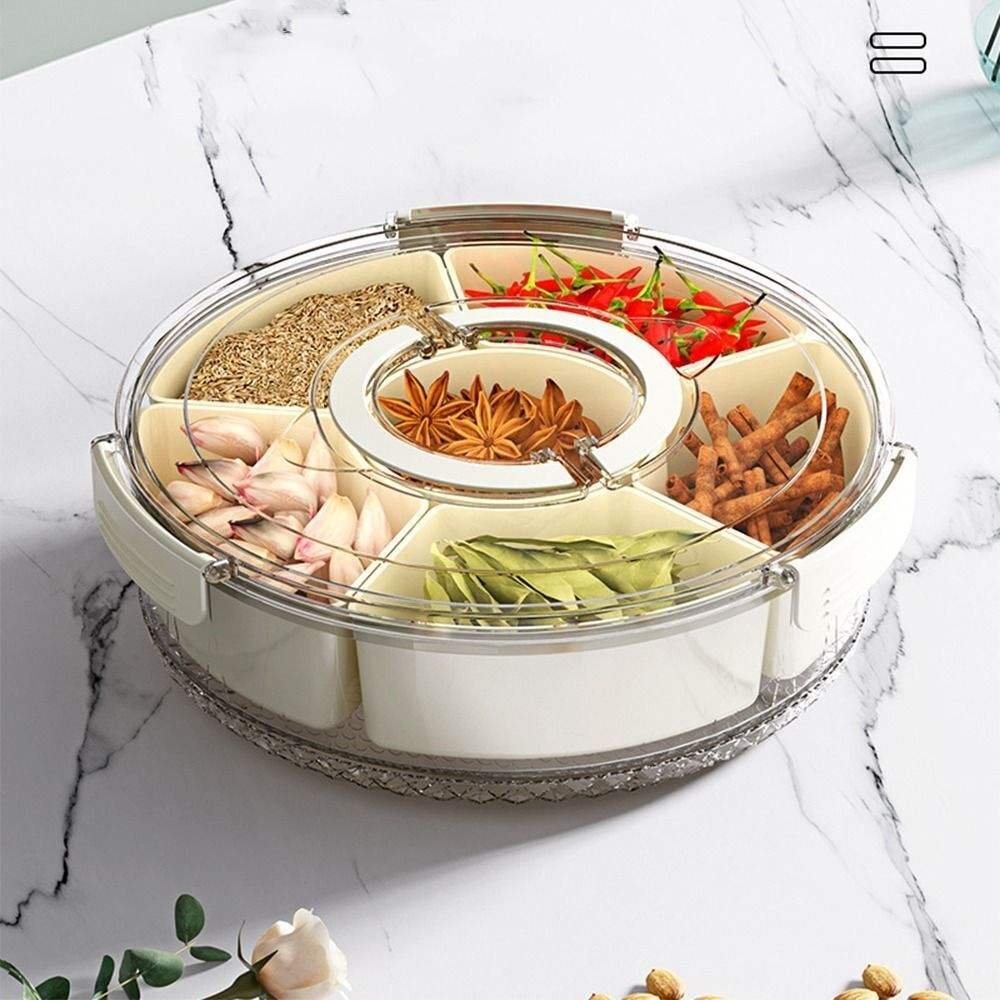 Divided Rotatable Serving Tray With Lid And Handle Snack Compartment Platters Fresh Keeping Food Storage Snack Box Container