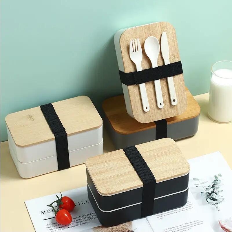 EU style eco-friendly single layer food storage box portable wheat straw snack bento lunch box with bamboo lid tableware for kid