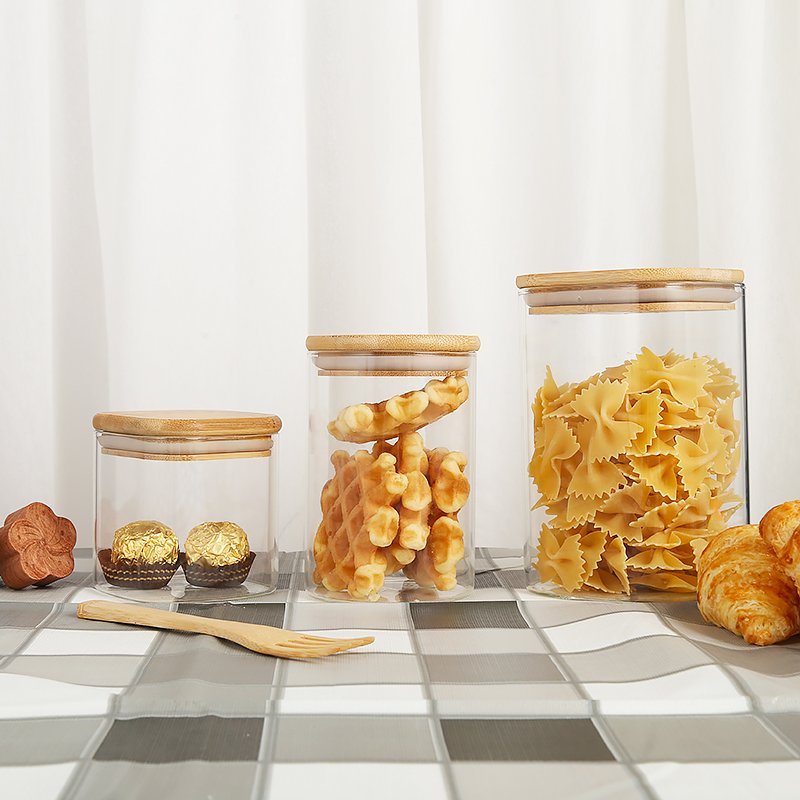 Manufacturers of Food Storage Containers Glass Food jar set with Bamboo Lid Airtight For Serving Tea Coffee Flour Sugar