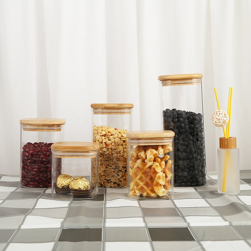 Manufacturers of Food Storage Containers Glass Food jar set with Bamboo Lid Airtight For Serving Tea Coffee Flour Sugar