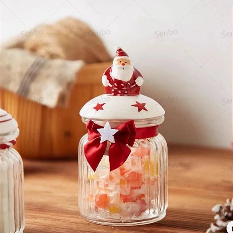 Wholesale Food Storage Container Ribbed Glass Candy Cookies Storage Jar with Santa Claus Ceramic Lid for Christmas