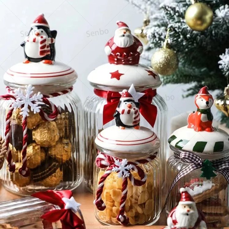 Wholesale Food Storage Container Ribbed Glass Candy Cookies Storage Jar with Santa Claus Ceramic Lid for Christmas