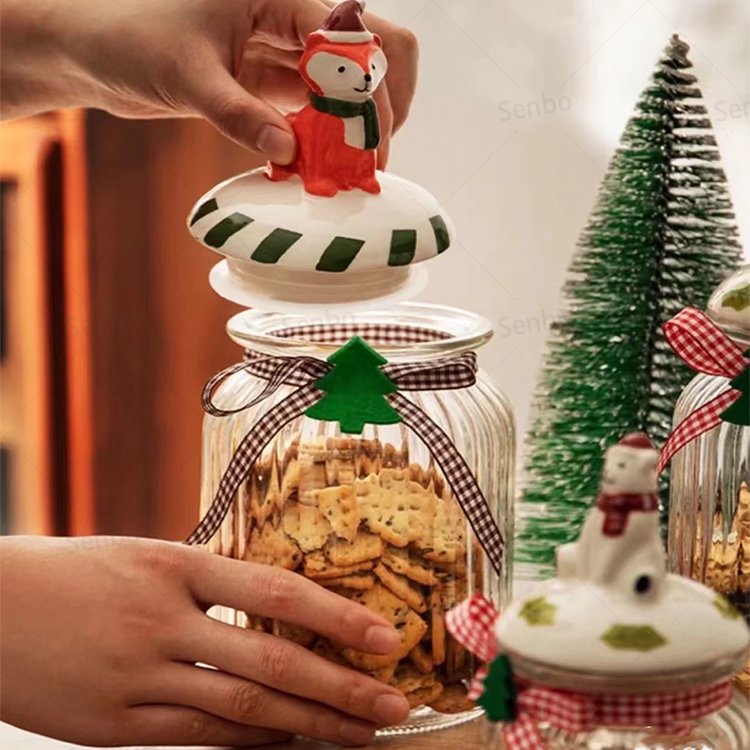 Wholesale Food Storage Container Ribbed Glass Candy Cookies Storage Jar with Santa Claus Ceramic Lid for Christmas