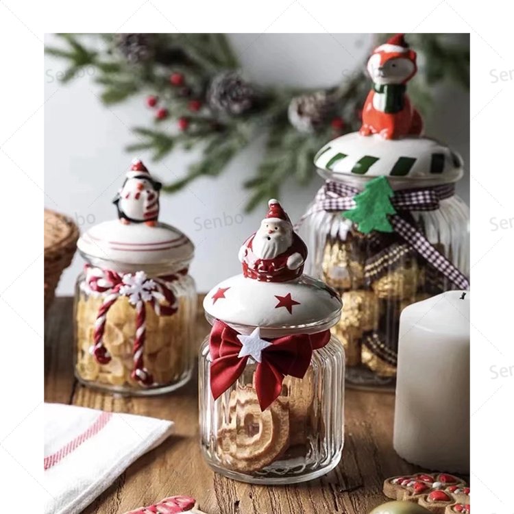 Wholesale Food Storage Container Ribbed Glass Candy Cookies Storage Jar with Santa Claus Ceramic Lid for Christmas