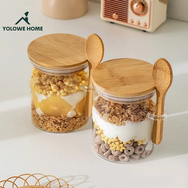 YOLOWE HOME High Borosilicate Glass Food Storage Jar Eco-friendly Heat Resistant Bamboo Lid Modern Luxury Kitchen Party Use