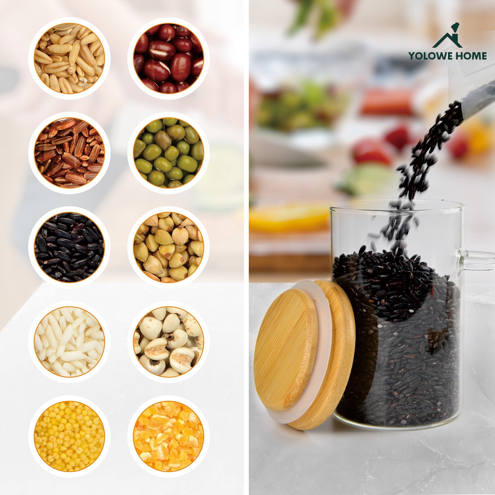 YOLOWE HOME High Borosilicate Glass Food Storage Jar Eco-friendly Heat Resistant Bamboo Lid Modern Luxury Kitchen Party Use