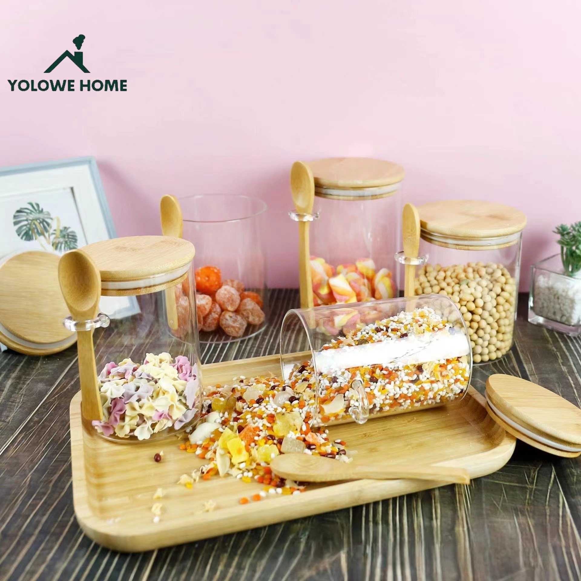 YOLOWE HOME High Borosilicate Glass Food Storage Jar Eco-friendly Heat Resistant Bamboo Lid Modern Luxury Kitchen Party Use
