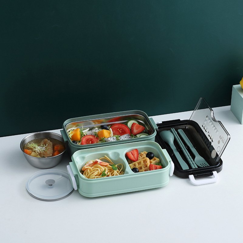 W54 Wheat Straw Stainless Steel Dinnerware Food Storage Bento Box Container Portable Lunch Box For Kids School Office