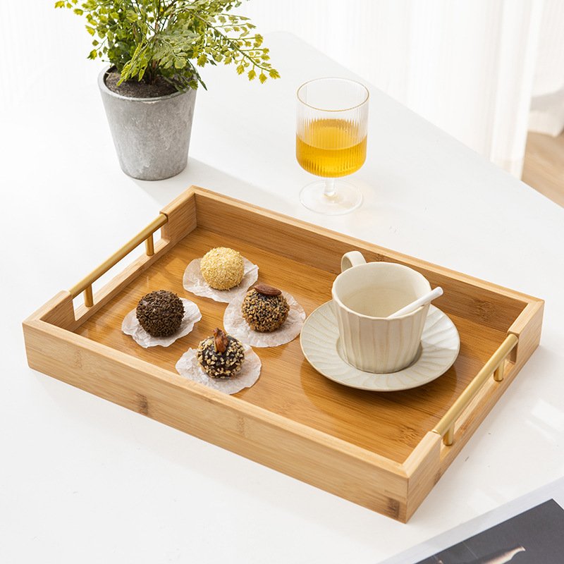 rustic hotel caddy tray bamboo tea coffee serving tray with metal handle