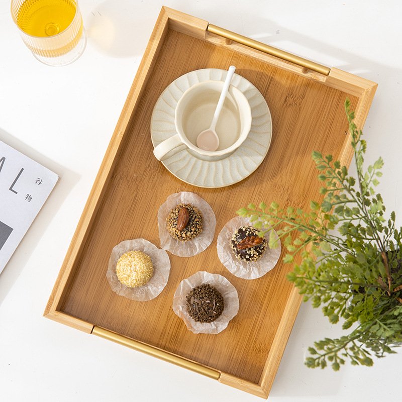 rustic hotel caddy tray bamboo tea coffee serving tray with metal handle