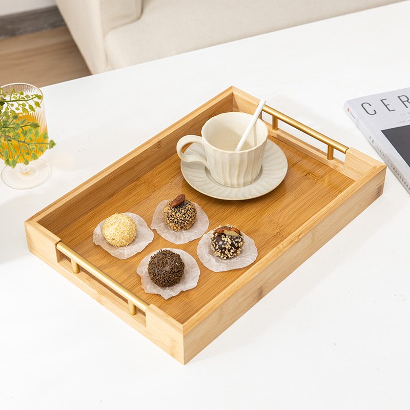 rustic hotel caddy tray bamboo tea coffee serving tray with metal handle