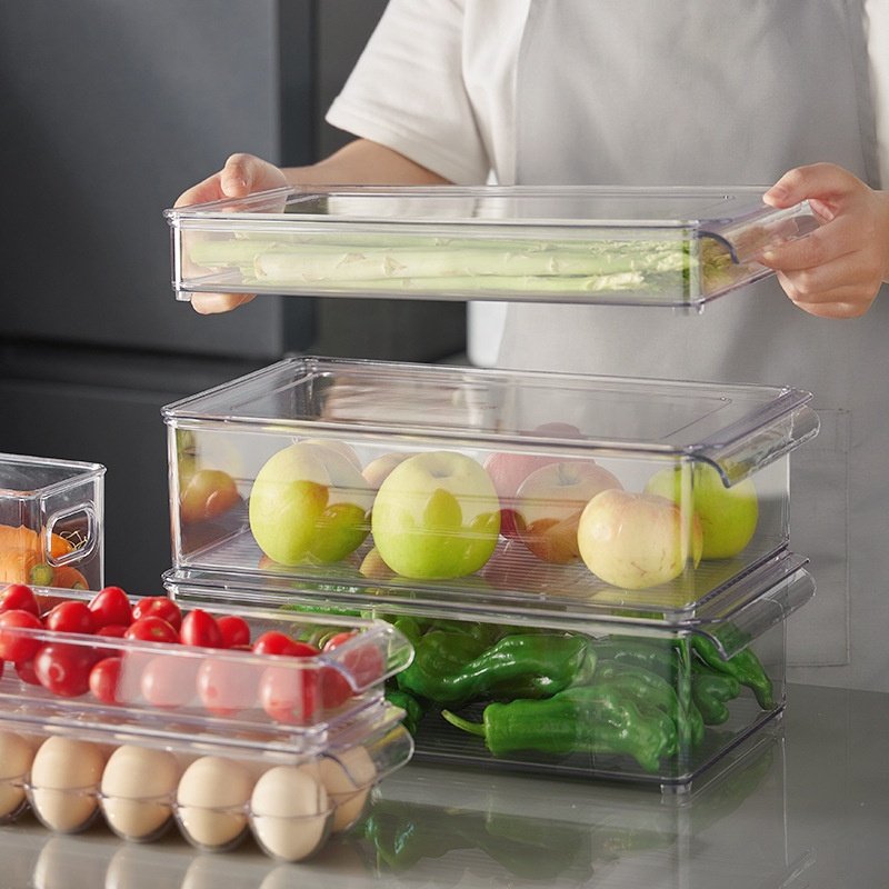 Vegetable Fruit Fresh Produce Fridge Refrigerator Fresh-keeping Storage Box Containers With Grid Strainer Drain Basket Crisper