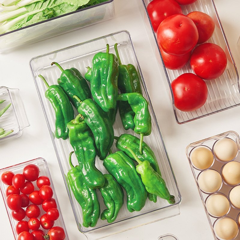 Vegetable Fruit Fresh Produce Fridge Refrigerator Fresh-keeping Storage Box Containers With Grid Strainer Drain Basket Crisper